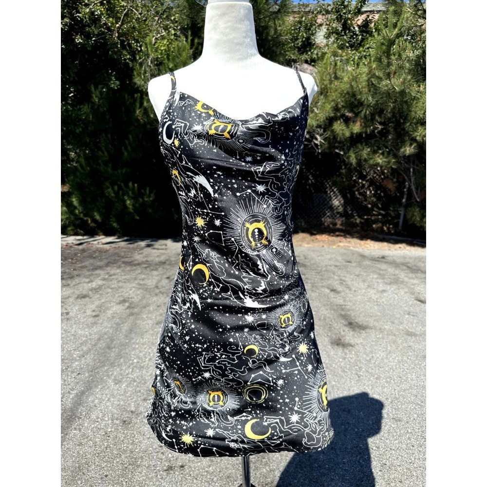 Wednesday's Girl Slip Dress Women's Extra Small Black Celestial Print Cowl Neck